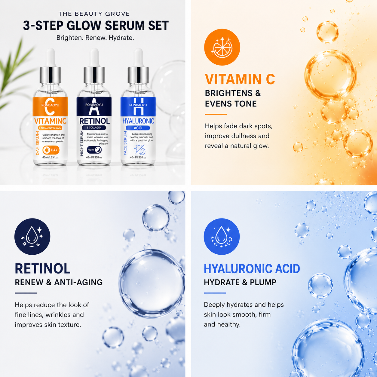Premium Vitamin C + Retinol + Hyaluronic Acid 3-Piece Glow Serum Set | Brightening, Anti-Aging & Deep Hydration Skincare Bundle